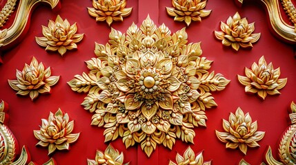 Poster - Ornate Golden Floral Carvings on a Vibrant Red Wooden Panel Showcasing Intricate Detail and Cultural Artistic Craftsmanship