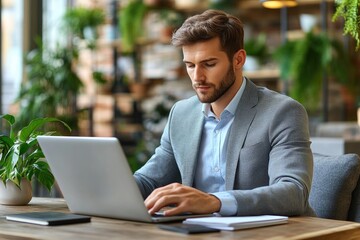Poster - A Man Working on a Laptop at a Wooden Desk in a Cafe