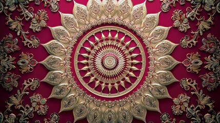 Poster - Intricate Golden Floral Design with Rich Red Background, Symmetrical Patterns and Elegant Motifs, Perfect for Decorative and Art Inspired Projects