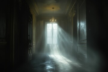 Poster - Sunlit hallway, ornate walls, hazy atmosphere.