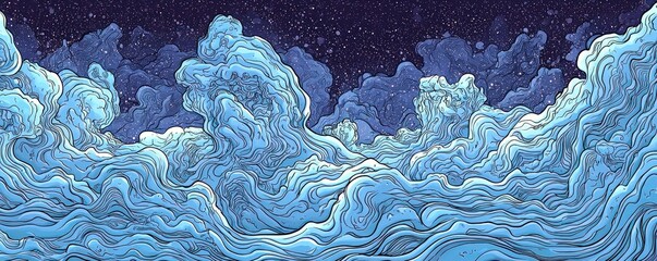 Poster - Surreal Blue Wave Patterns with Starry Night Sky, Artistic Illustration of Ethereal Clouds and Cosmic Landscape