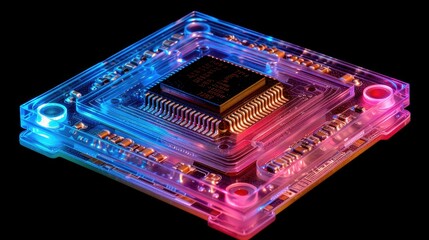 Poster - Close-up of a translucent computer chip with vibrant blue and pink lighting against a black background.