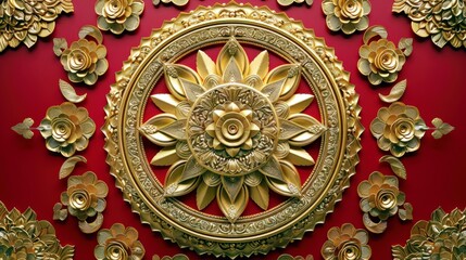 Poster - Intricate Golden Floral Design with Circular Motif on Red Background, Symbolizing Artistry and Craftsmanship in Decorative Home Decor