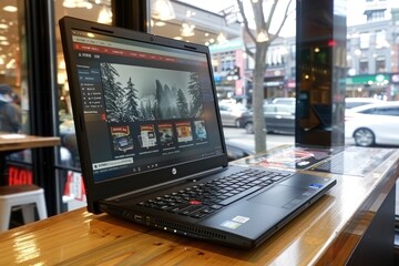 Poster - Black Laptop Open on Wooden Table with Snowy Mountain Landscape on Screen