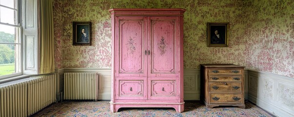 Poster - Vintage Interior with Pink Wardrobe and Wooden Chest of Drawers in Colorful Floral Wallpaper Setting and Large Window in Natural Light