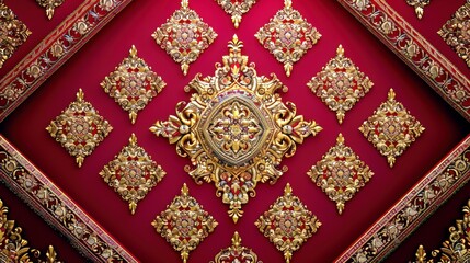 Poster - Intricate Golden Floral Pattern with Red Background, Ideal for Textile Design, Wallpaper, or Luxury Product Advertising