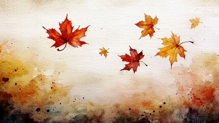 Poster - Vibrant Watercolor Illustration of Floating Autumn Leaves Against a Light Background in Warm Orange and Yellow Tones