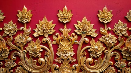 Poster - Ornate Golden Floral Relief Against Deep Red Background, Exquisite Decorative Art with Intricate Lotus Patterns and Elegant Design Elements