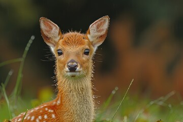 Wall Mural - Close-up of a Spotted Fawn with Wet Fur Looking Directly at the Camera