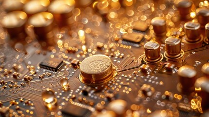 Poster - Close-up of golden electronic circuit board components.