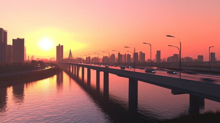 Poster - Design a modern, resilient bridge for a river crossing in a high-traffic urban area. Focus on the structural design, load-bearing capacity,