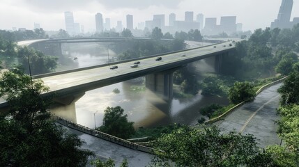 Poster - Design a modern, resilient bridge for a river crossing in a high-traffic urban area. Focus on the structural design, load-bearing capacity,