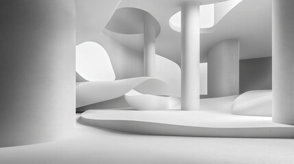 Poster - Design a sophisticated 3D scene with a light white background and floating abstract shapes. The ambient lighting is subtle,