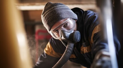 Poster - Industrial worker in protective gear engages in hazardous task inside factory workshop focused perspective safety and precision in action