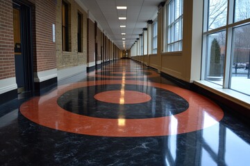 Poster - Red and Black Circular Floor Design in a Long Hallway