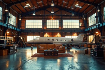 Poster - Private Jet Parked in a Large Industrial Hangar with a Couch and Coffee Table in the Foreground