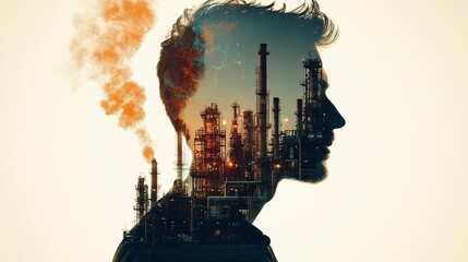 Poster - A double exposure image blending a man's profile with an industrial landscape.