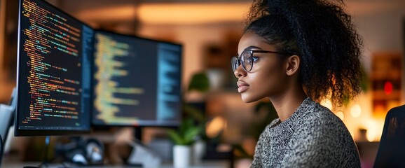 Poster - A focused individual coding on dual monitors in a modern workspace.