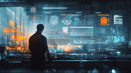Poster - A figure stands before a futuristic digital interface displaying data.