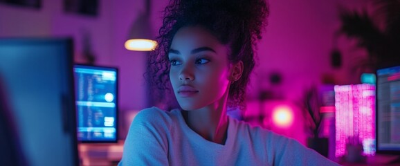 Poster - A focused individual in a modern workspace illuminated by colorful lights.