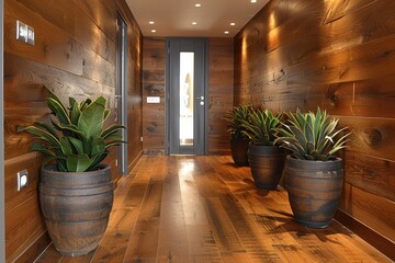Poster - Wooden Hallway with Plants and a Doorway