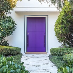 Wall Mural - Purple front door with minimalist frame, set against white exterior and a stone path.