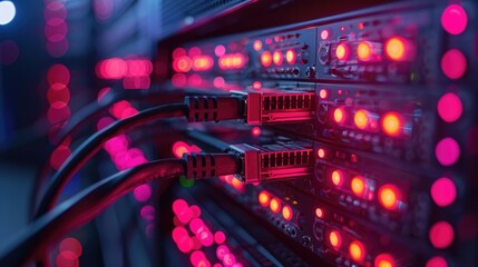 Poster - Close-up of server rack with network cables and glowing lights.