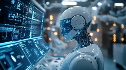 Poster - A futuristic robotic figure interacting with advanced technology displays.