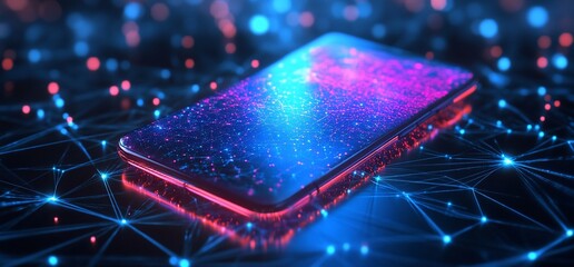 Poster - A glowing smartphone surrounded by a network of colorful particles.