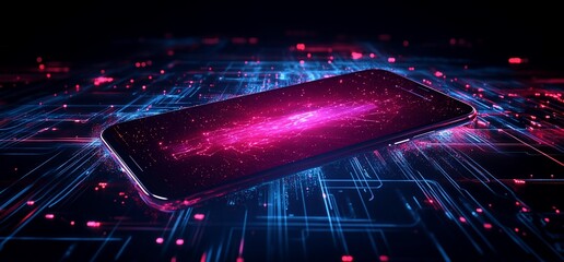 Poster - A glowing smartphone on a digital circuit background, symbolizing technology.