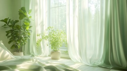 Poster - Elegant, light green curtains, subtly filtering light, bring the calming essence of nature into the room with a simple, beautiful design