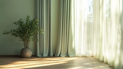 Poster - Elegant, light green curtains, subtly filtering light, bring the calming essence of nature into the room with a simple, beautiful design