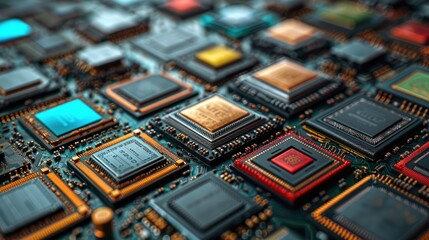 Poster - Close-up of various microchips on a circuit board.