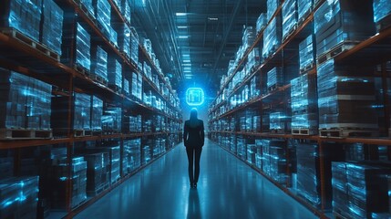 Poster - A person walking through a high-tech warehouse filled with stacked pallets.