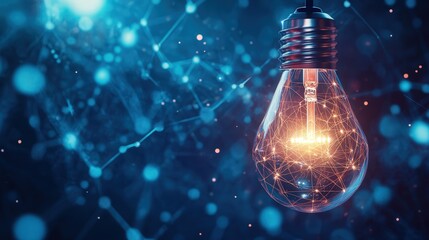 Poster - Glowing light bulb with soft, blurred edges, creating an atmospheric glow that fades into a dark, abstract background
