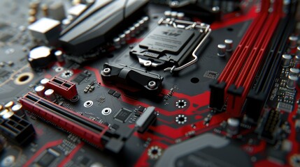 Poster - Close-up view of a computer motherboard with intricate circuit board design and components.