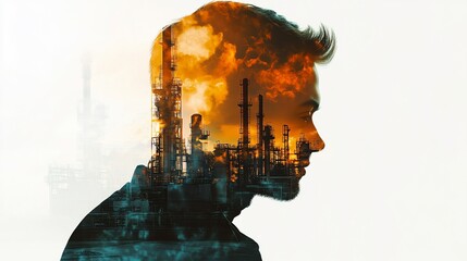 Poster - A silhouette of a person overlaid with an industrial landscape at sunset.