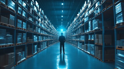Poster - A silhouette of a person in a warehouse surrounded by stacked boxes.
