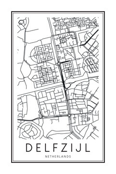 Printable downtown road map poster of the Dutch city of DELFZIJL on solid white background with city name