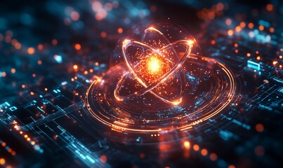 Poster - Abstract representation of an atom with glowing particles and digital elements.