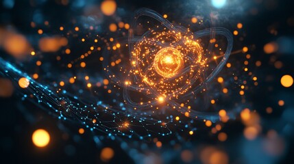 Poster - Abstract representation of atomic structure with glowing particles and connections.