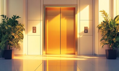 Poster - Bright elevator lobby with potted plants and sunlight reflections.