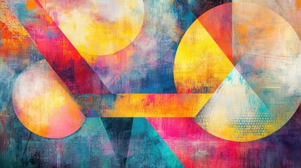 Poster - Imagine a colorful abstract mixed media design where geometric shapes like circles, triangles, and rectangles overlap in layers.