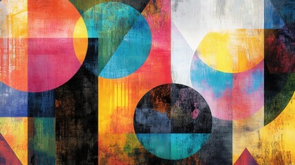 Poster - Imagine a colorful abstract mixed media design where geometric shapes like circles, triangles, and rectangles overlap in layers.