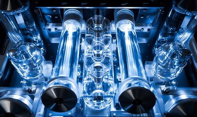 Aufkleber - Close-up of a custom-built liquid cooling system for PCs.