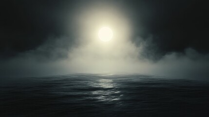 Canvas Print - Dark, foggy sea; bright moon above.