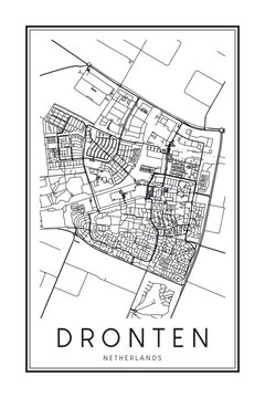 Printable downtown road map poster of the Dutch city of DRONTEN on solid white background with city name