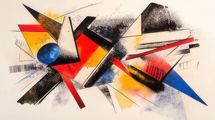 Poster - abstract mixed media piece where overlapping geometric shapes in bold colors like red, blue, and yellow create an energetic design.