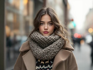 Aufkleber - A woman in a warm, neutral-toned coat and scarf, exuding confidence amidst a bustling city.