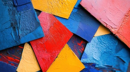 Poster - abstract mixed media piece where overlapping geometric shapes in bold colors like red, blue, and yellow create an energetic design.